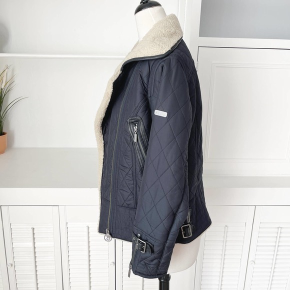 Barbour Navy Blue Quilted Battalion Sherpa Lined Moto Jacket Size M/8 - Picture 4 of 11